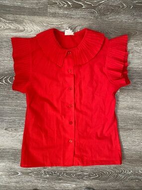 Sweet Baby Jane Bright Red Pleated-Collar Button Blouse